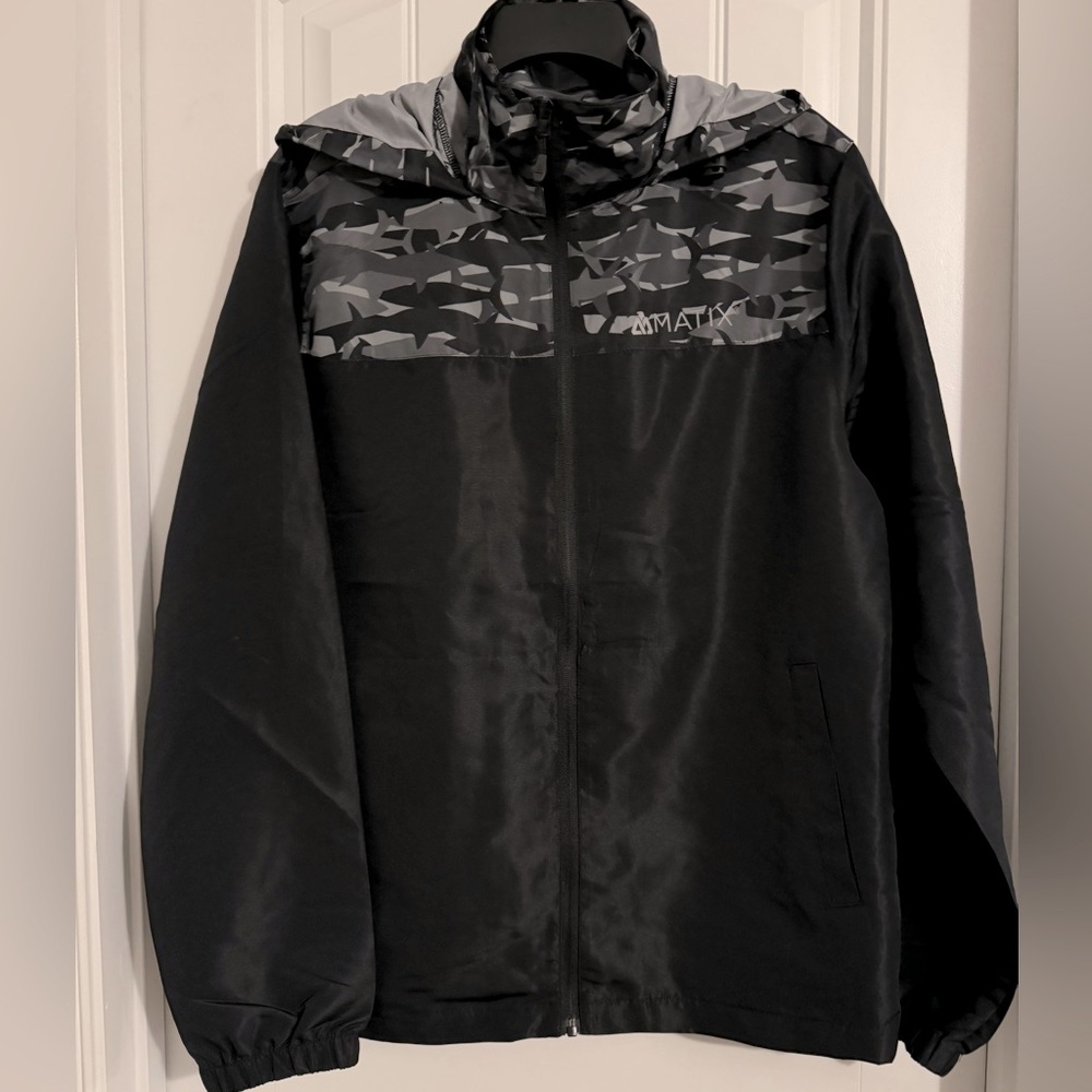 Great Matix men's size M black full zip hooded windbreaker jacket shark camo